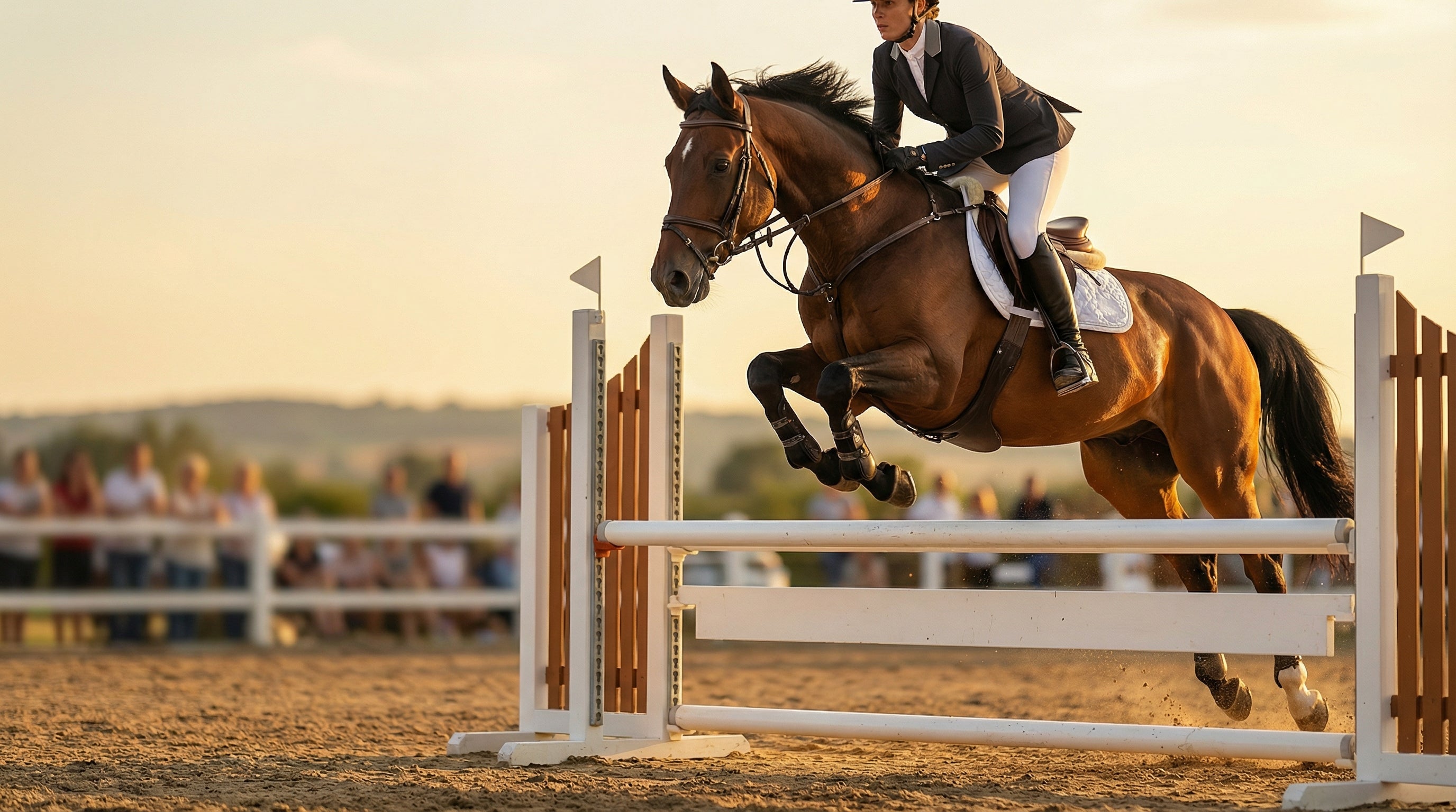 Showjumping collection - rider clearing oxer fence at golden hour