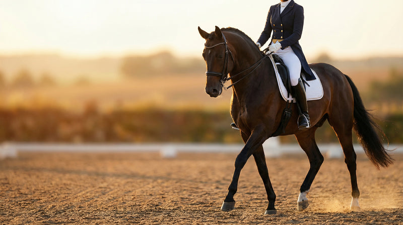 Dressage collection - rider in tailored jacket performing collected trot at golden hour