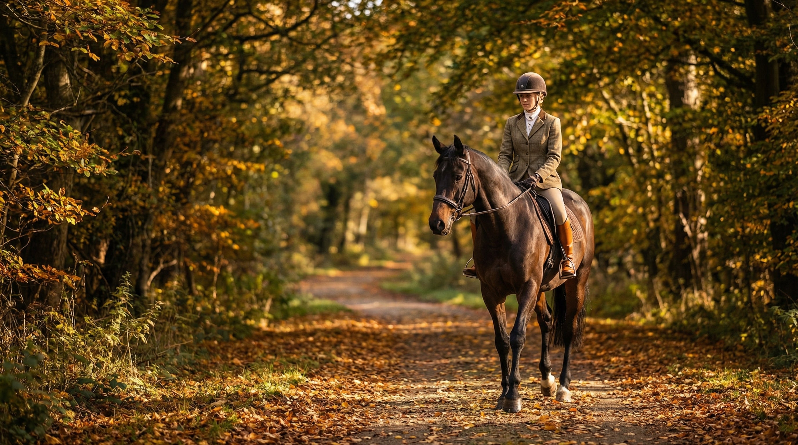 Hacking collection - rider on autumn bridleway through English countryside