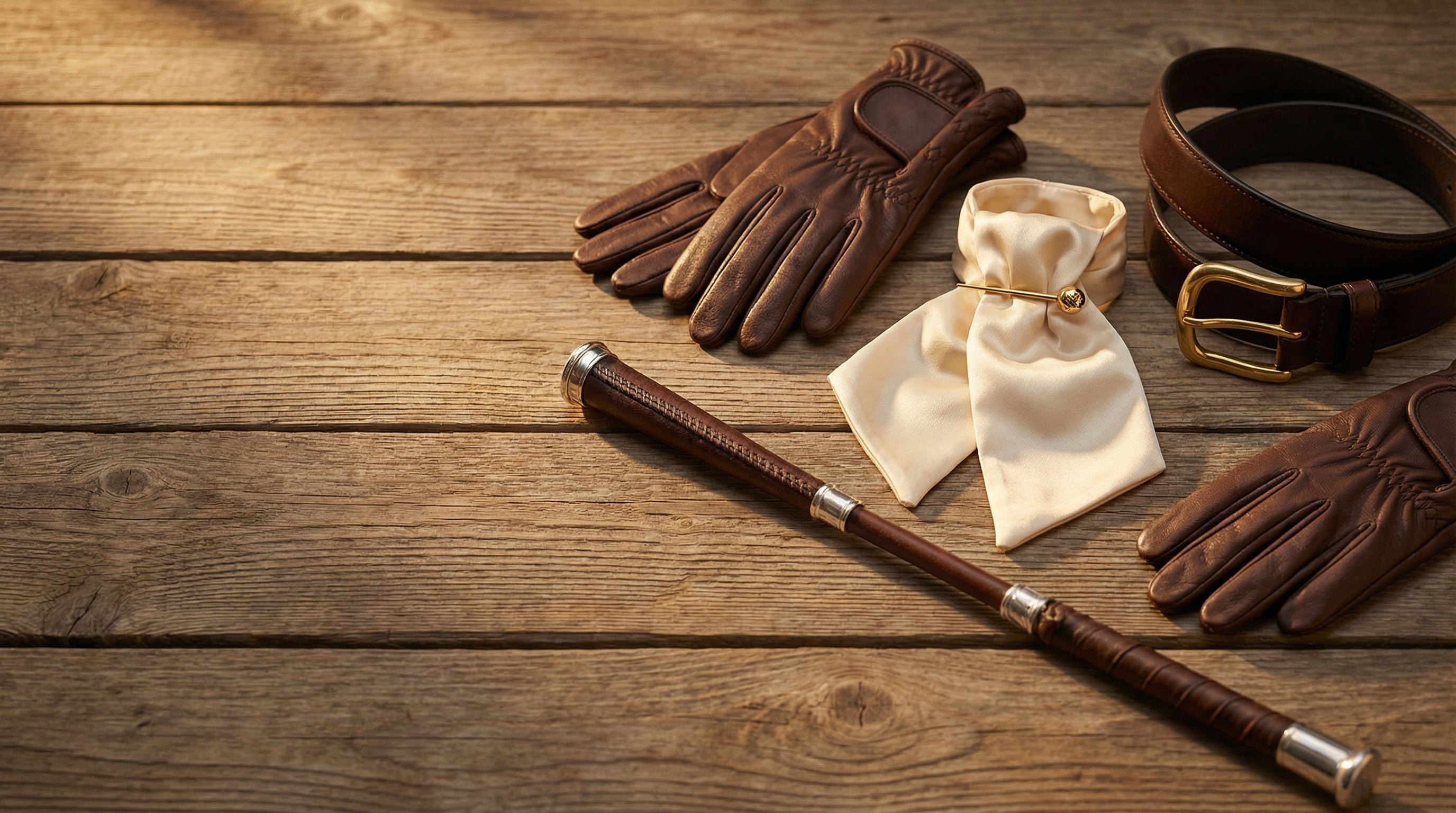 Accessories collection - leather gloves, stock tie, belt and riding whip