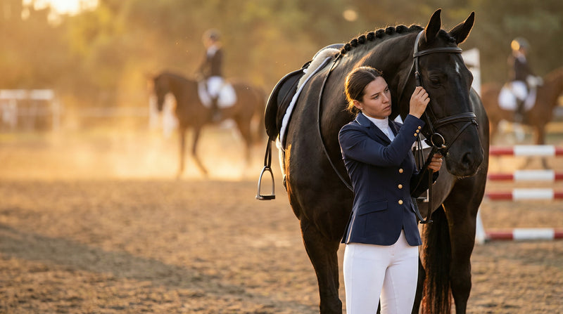Competition Ready collection - rider preparing with horse in warm-up arena
