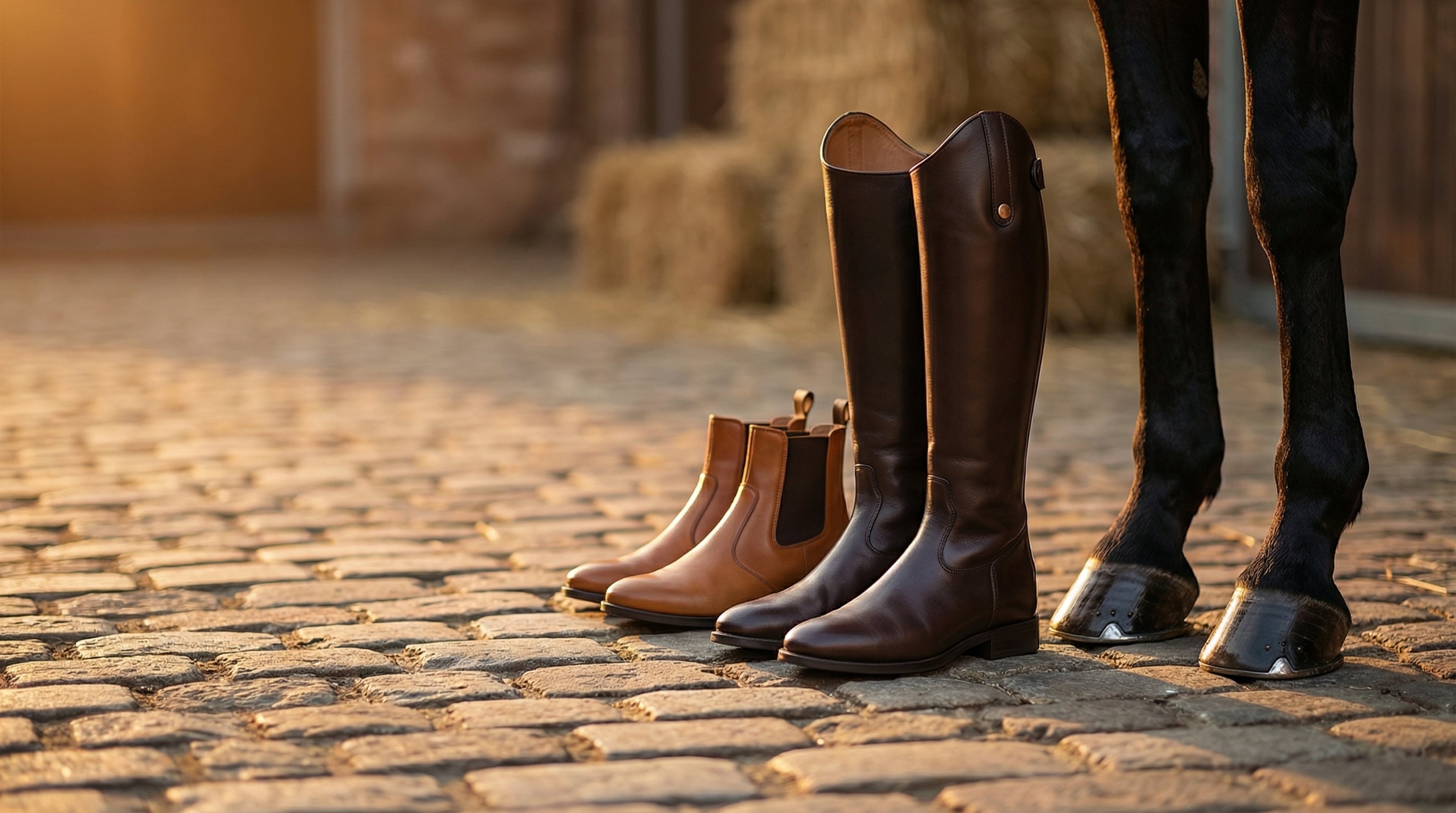 Footwear collection - premium leather riding boots on cobblestone stable yard