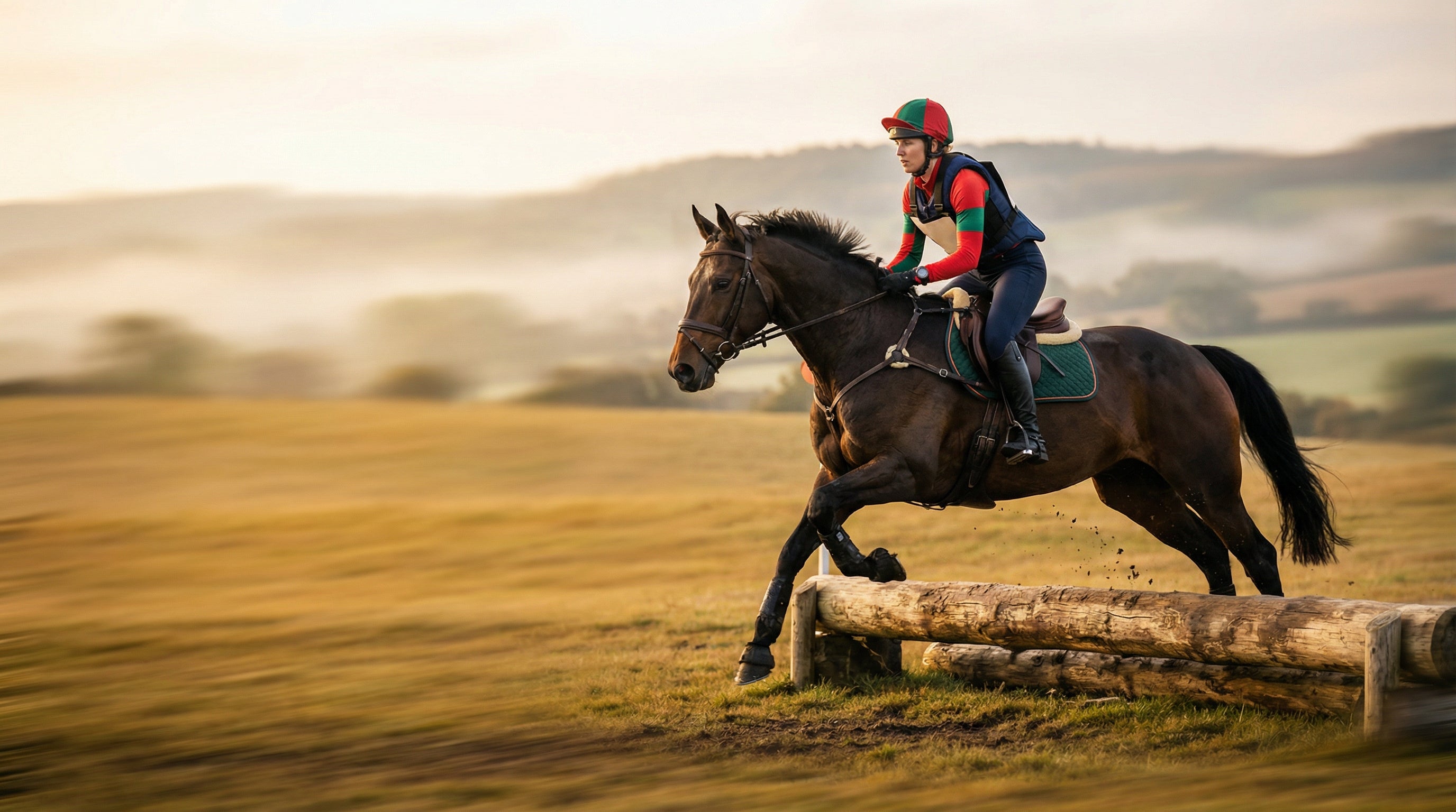 Eventing collection - cross-country rider galloping through misty countryside