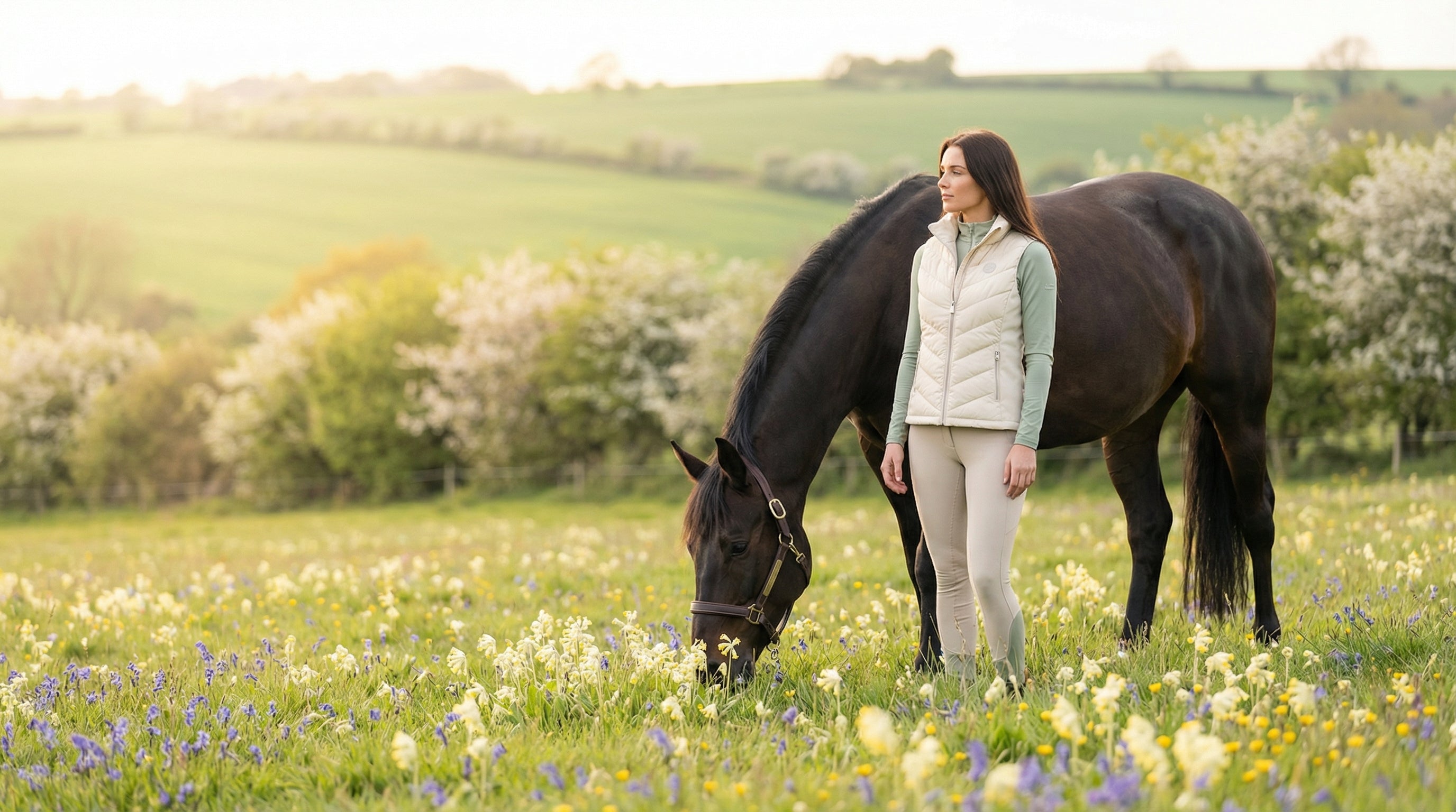 Spring essentials - rider in lightweight layers with horse in blooming countryside