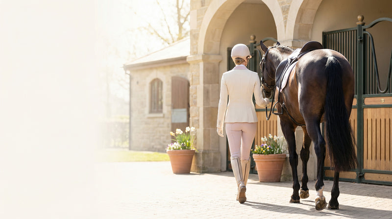 New arrivals - rider walking horse through sunlit stable courtyard