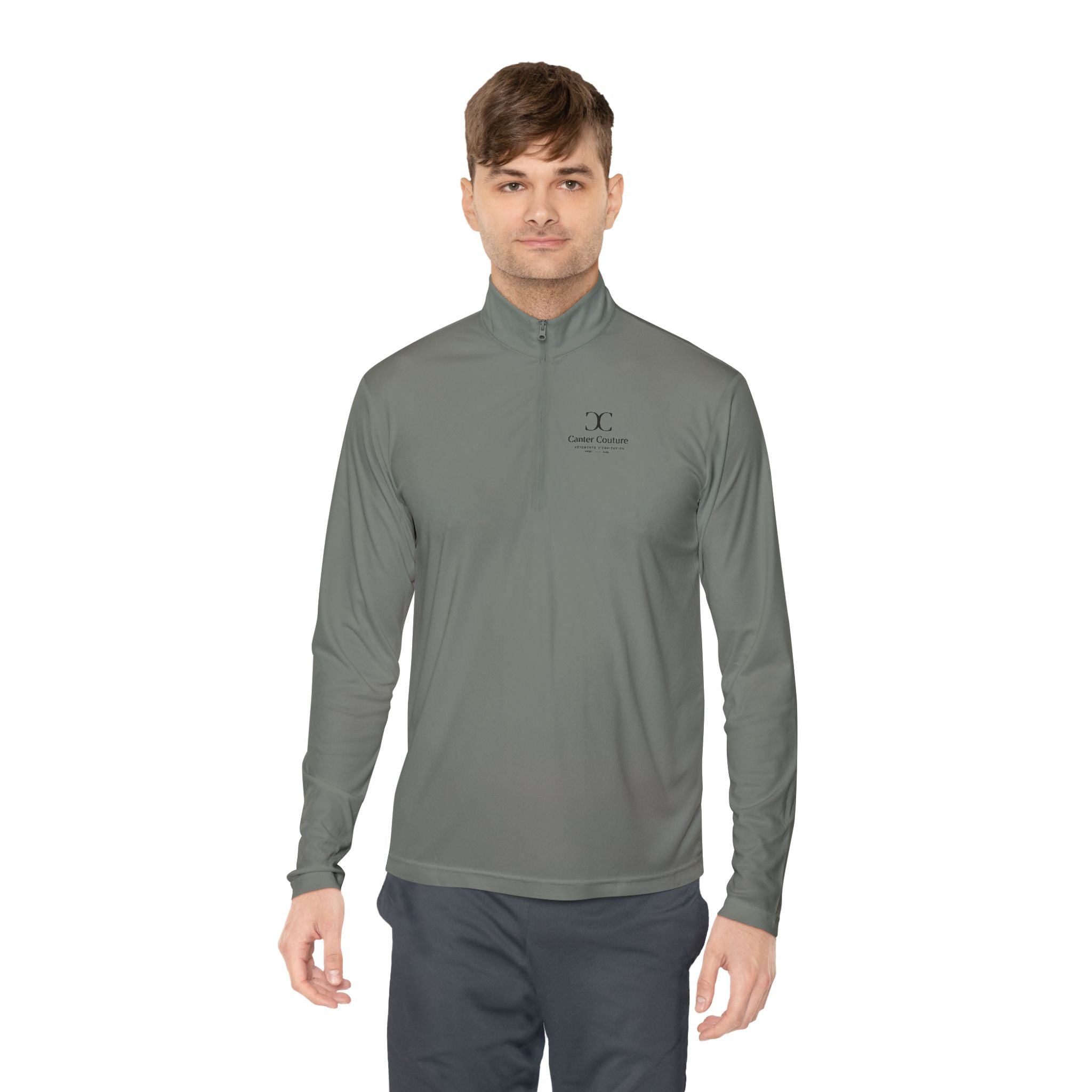 The Early Start Quarter Zip in grey concrete - front view on model