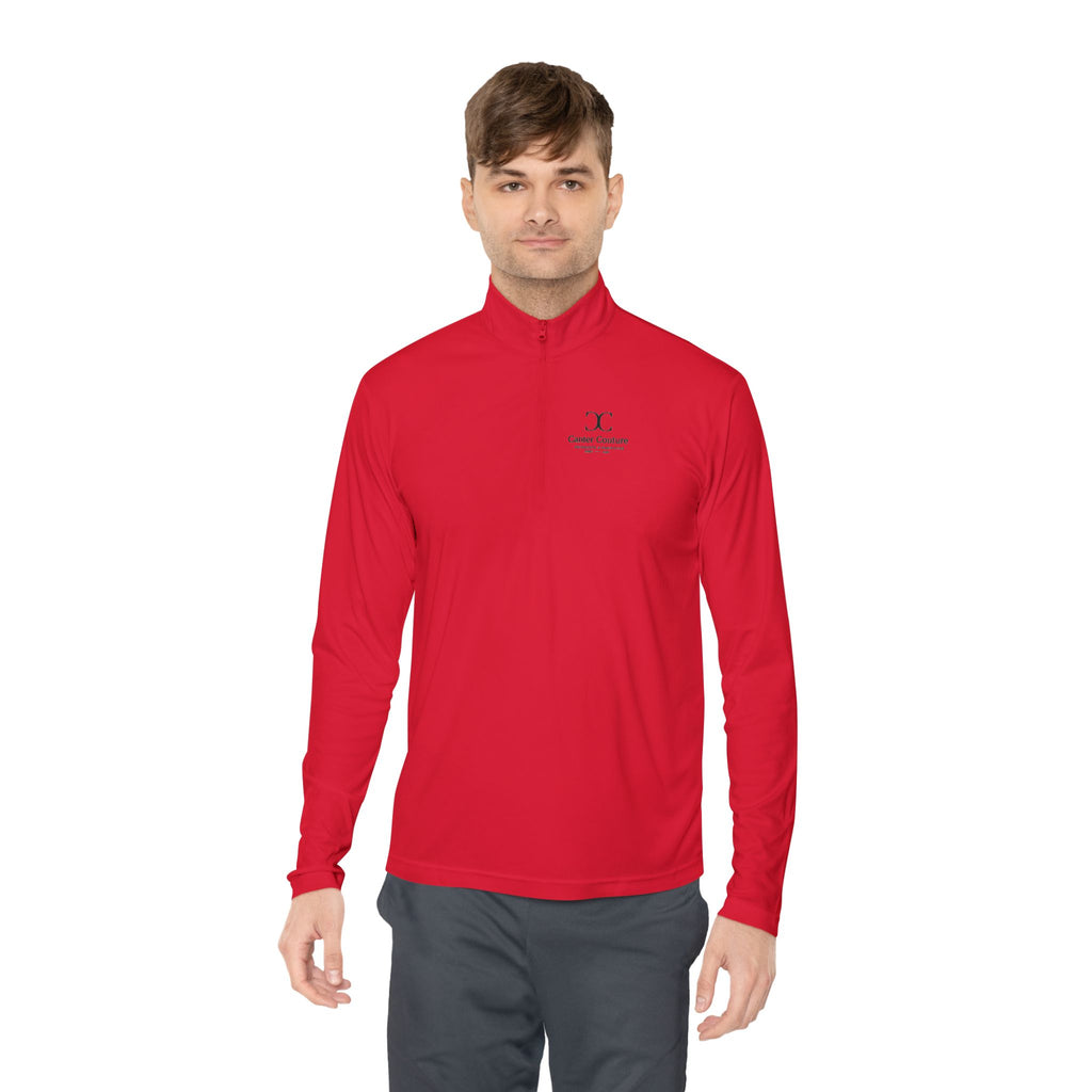 The Early Start Quarter Zip in true red - front view on model