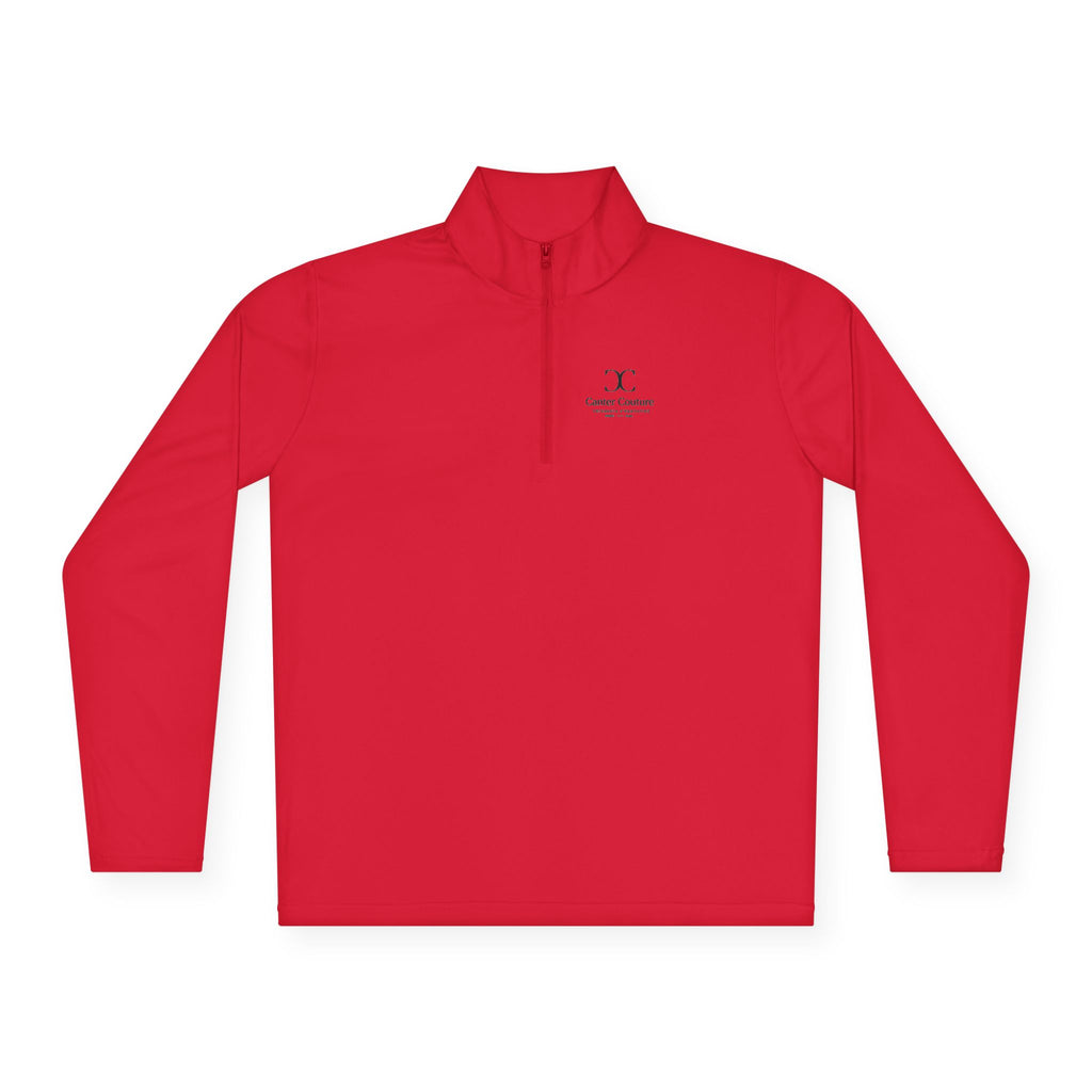The Early Start Quarter Zip in true red - chest print detail