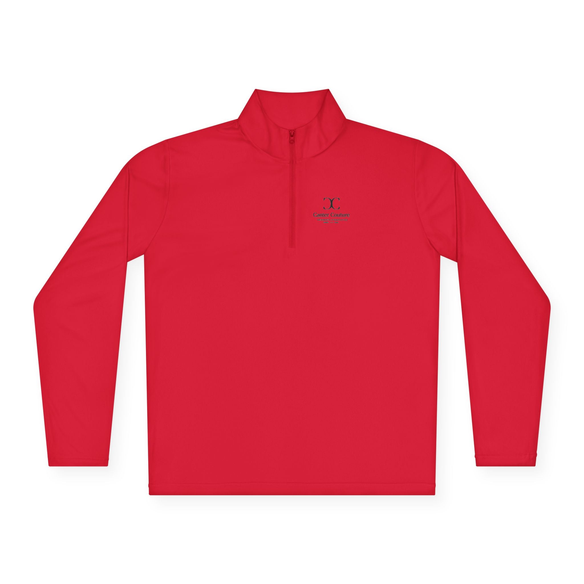 The Early Start Quarter Zip in true red - chest print detail