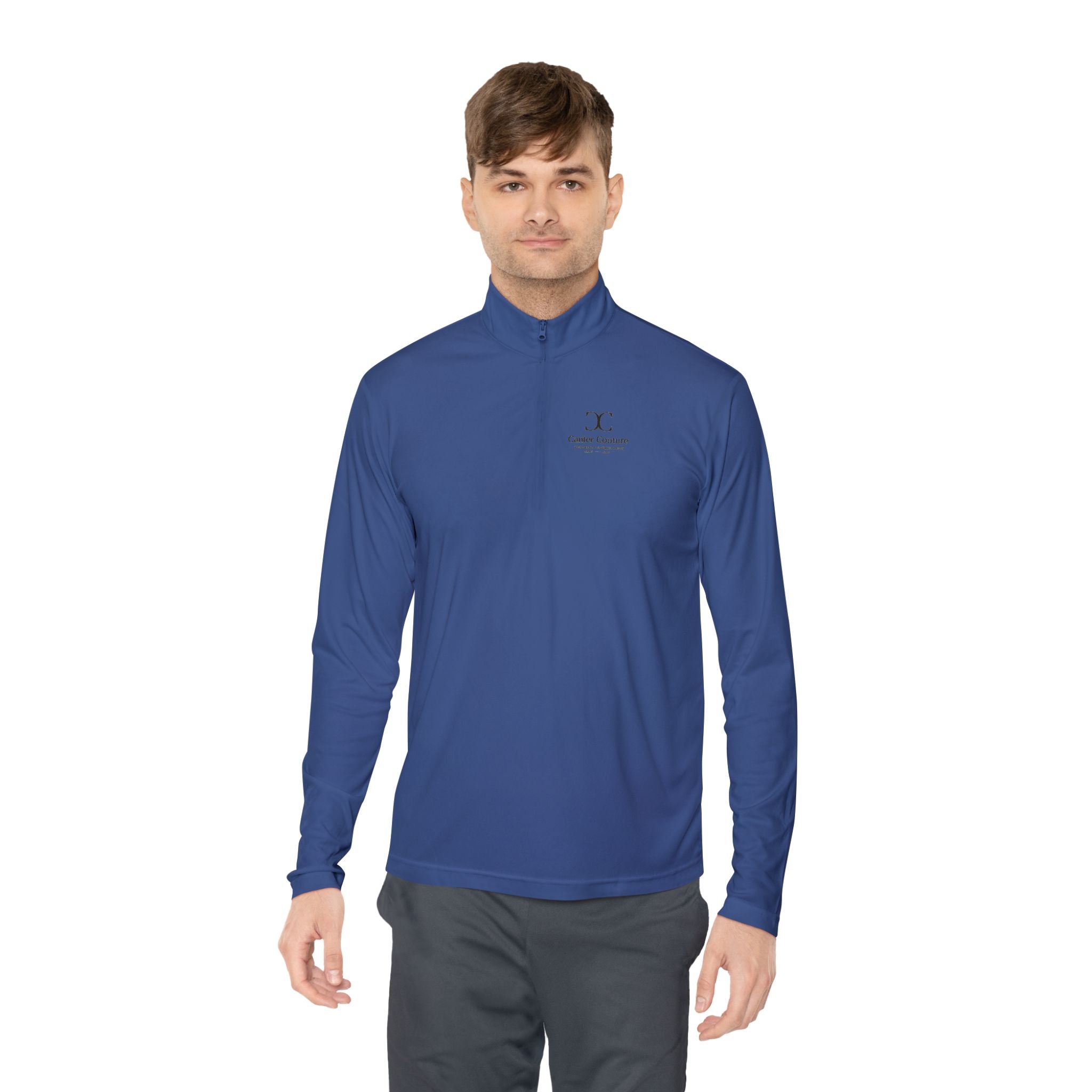 The Early Start Quarter Zip in true royal - front view on model