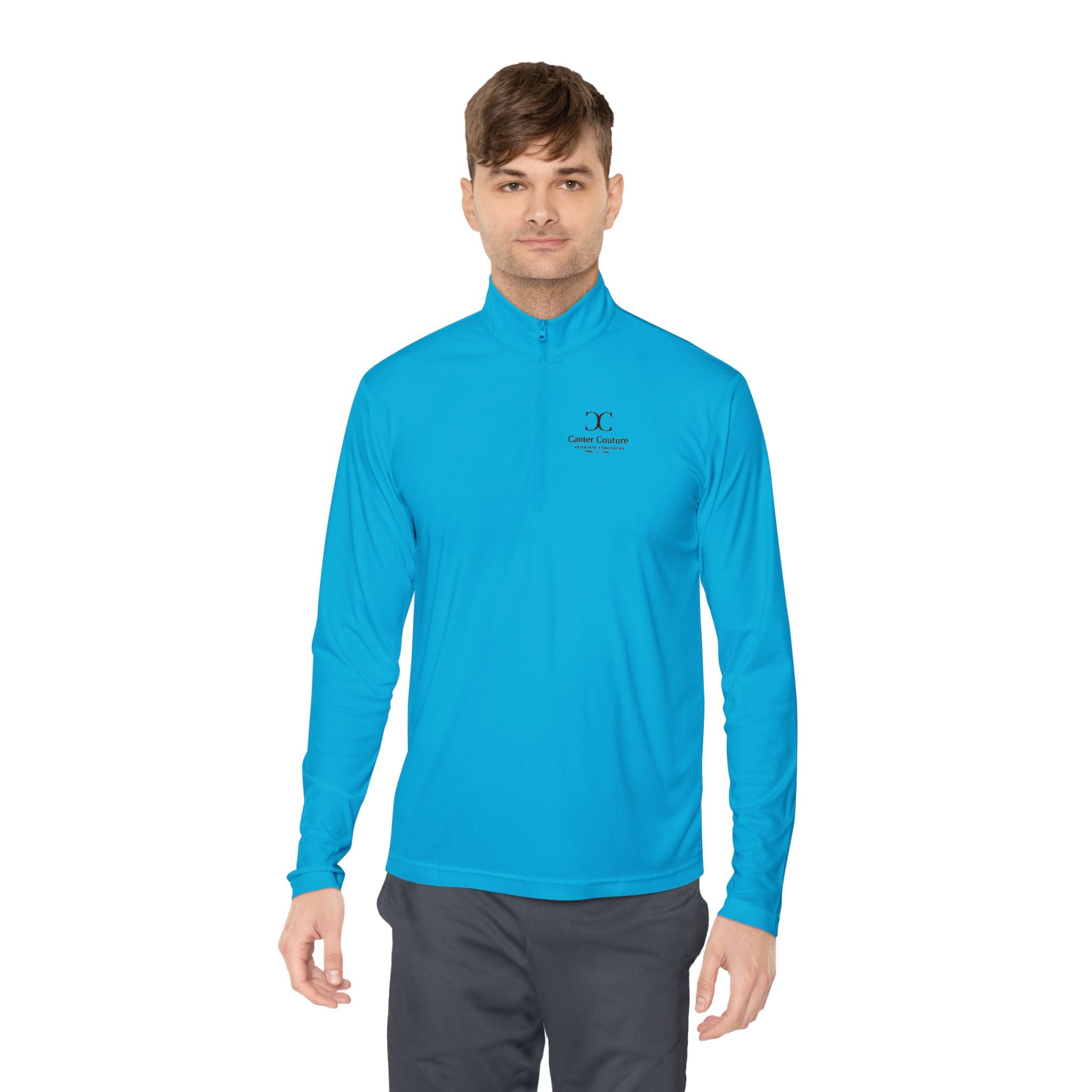 The Early Start Quarter Zip in atomic blue - front view on model