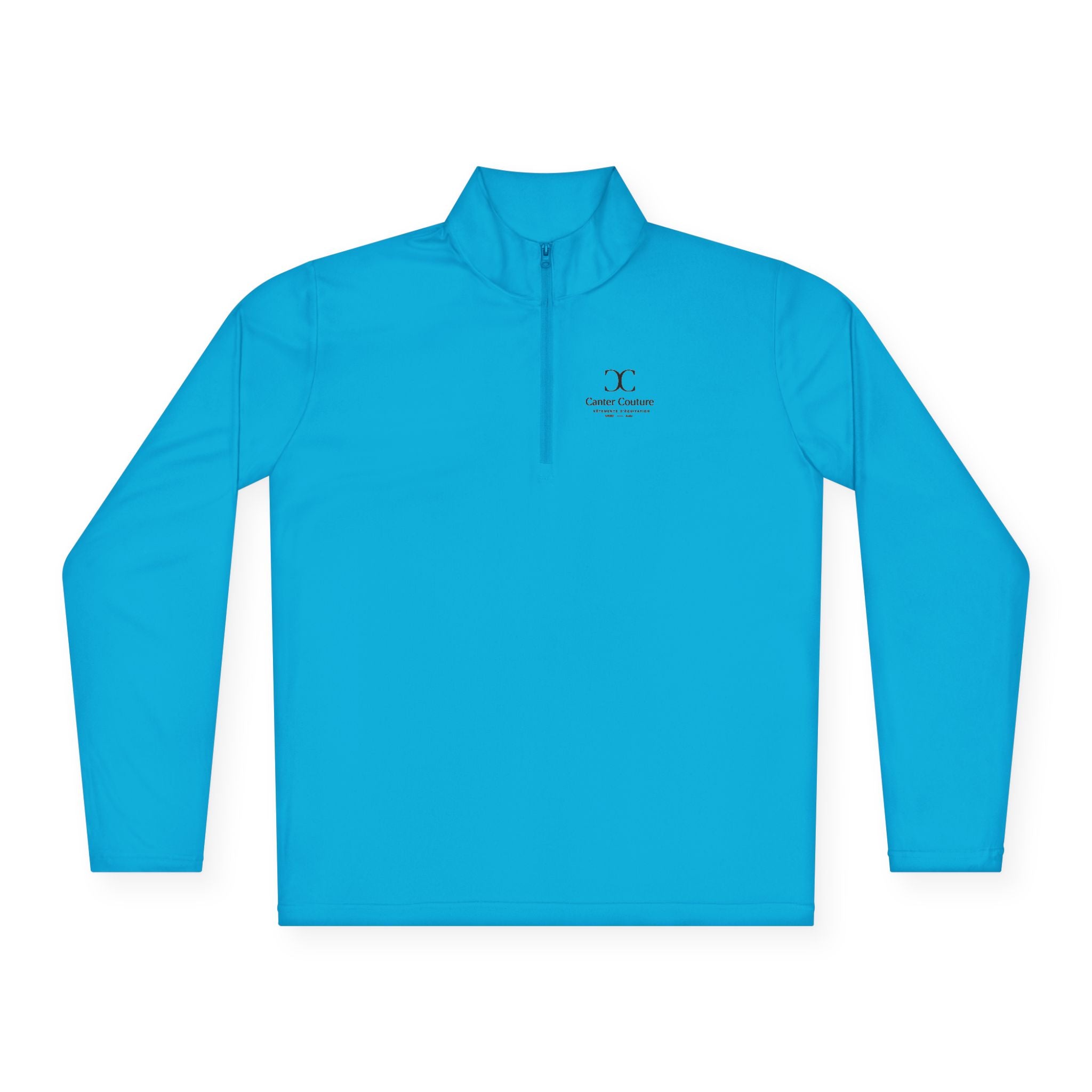 The Early Start Quarter Zip in atomic blue - chest print detail